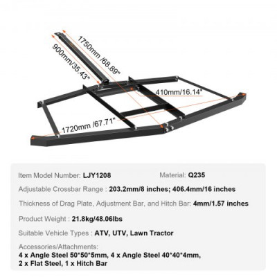 VEVOR Rastrillo Nivelador de Césped de Caminos de Entrada 1720 mm Nivelador de Tierras Agrícolas de Acero Q235 Barra Ajustable Herramienta de Nivelación para ATV, UTV, Tractor de Césped de Jardín