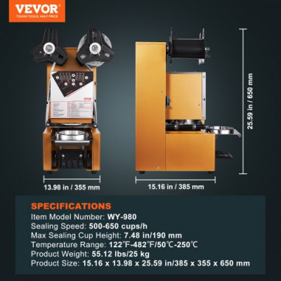 VEVOR Máquina Selladora de Tazas Totalmente Automática, 500-650 Tazas/H, Selladora de Té Eléctrica Boba 190mm Altura 90/95mm Panel LCD de Control Digital para Té con Leche de Burbujas, Café, Color Oro