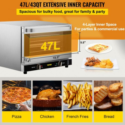 Horno de Convección Eléctrico 47 L 1600 W Horno Sobremesa 58 x 55 x 40 cm, Acero Inoxidable y Vidrio Templado, Horno Eléctrico Multifunción de Sobremesa 65-250 ℃ con 4 Estantes para Cafeterías