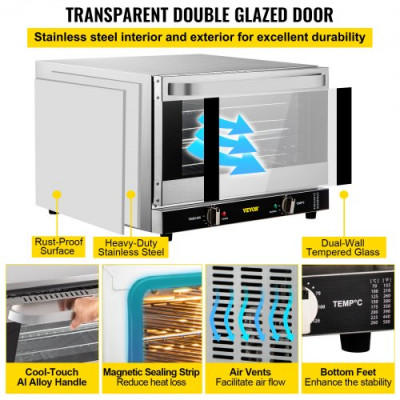 Horno de Convección Eléctrico 47 L 1600 W Horno Sobremesa 58 x 55 x 40 cm, Acero Inoxidable y Vidrio Templado, Horno Eléctrico Multifunción de Sobremesa 65-250 ℃ con 4 Estantes para Cafeterías