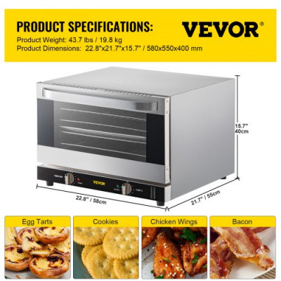 Horno de Convección Eléctrico 47 L 1600 W Horno Sobremesa 58 x 55 x 40 cm, Acero Inoxidable y Vidrio Templado, Horno Eléctrico Multifunción de Sobremesa 65-250 ℃ con 4 Estantes para Cafeterías