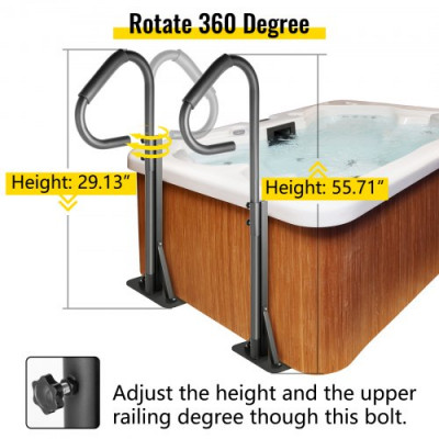 Pasamanos Lateral para Spa 103x48x141,5 cm Pasamanos Bañera de Hidromasaje Gira 360° Hierro Pasamanos con Base Carga 280 kg Riel de Seguridad Lateral con Tornillos Spa Bañera