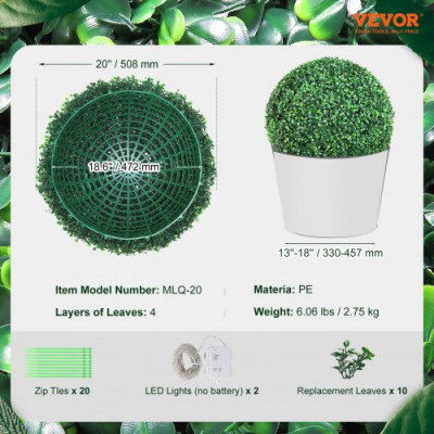 VEVOR Topiario Artificial de Boj 508 mm, Bola de Boj Artificial, 2 Plantas Falsas de PE, 10 Hojas Reemplazables, 2 Luces LED para Decoración de Interiores, Jardín, Terraza, Balcón, Entrada