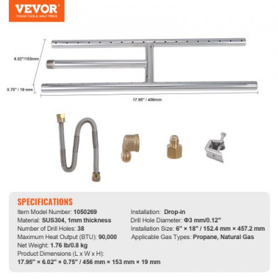 VEVOR Quemador de Brasero Integrado 152,4x457,2 mm Kit de Quemador de Brasero Rectangular de Acero Inoxidable para Gas Natural y Propano 90.000 BTU para Uso Interior y Exterior Hogar Jardín Camping