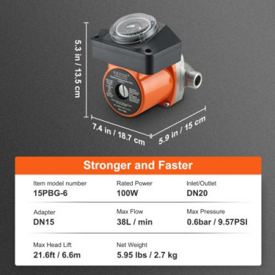 VEVOR Bomba de Circulación de Agua Caliente 100 W Bomba de Presión Circulador Auto Silenciador Acero Inoxidable Entrada Salida DN20 Adaptador DN15 para Sistema de Calentador de Agua Grifo de Ducha