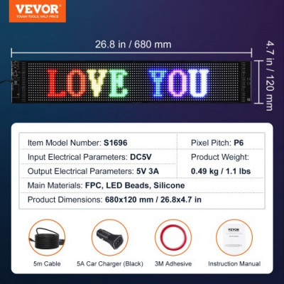 VEVOR Panel de visualización desplazable con señal luminosa LED 68x12 cm