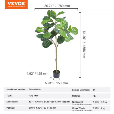 VEVOR Árbol Artificial Higo de Hoja de Violín 780x1556 mm Planta Artificial para Decoración Maceta de Árbol Verde Falso 150x125 mm para Hogar, Oficina, Hotel, Centro Comercial, Interior y Exterior