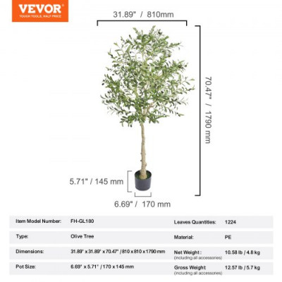 VEVOR Árbol Artificial de Olivo 810 x 1790 mm Planta Artificial de PE para Decoración Maceta de Árbol Verde 170 x 145 mm Planta Falsa para Hogar, Oficina, Hotel, Centro Comercial, Interior y Exterior