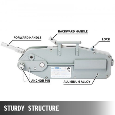 Polipasto Manual de Cadena Capacidad Nominal: 3.200 lbs Polipasto de Tracción de Cable Cabrestante Manual con Cuerda de 20 m Polipasto Manual