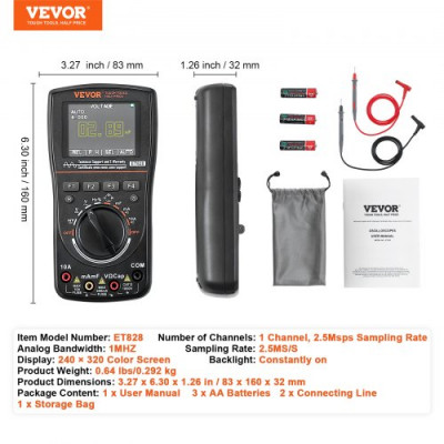 VEVOR Multímetro de Osciloscopio digital portátil 2 en 1 Frecuencia de muestreo de 2,5MS/s Ancho de Banda de 1 MHz con Bolsa LCD de 2,4