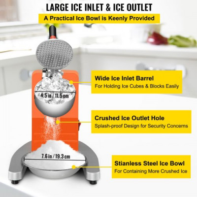 Trituradora de Hielo Eléctrica 300 W 95 kg / H Picadora de Hielo 1450 r / min Trituradora de Hielo Profesional con Palas Dobles Acero Inoxidable Hogar y Comercial Base U Antideslizante Naranja