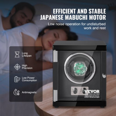 VEVOR Enrollador Automático de Relojes 1 Caja de Reloj para Relojes Automáticos con Motor Mabuchi Japonés Silencioso 5 Modos de Cuerda en Panel de Alta Densidad y LED Azul Acrílico Uso Doméstico