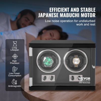 VEVOR Caja enrolladora automática para relojes con capacidad para 2 relojes automáticos con 2 motores silenciosos japoneses Mabuchi 5 modos de cuerda en panel de alta densidad y LED acrílico azul