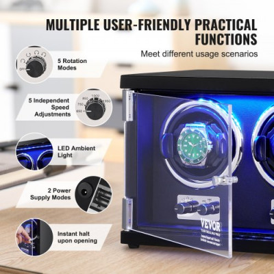 VEVOR Caja enrolladora automática para relojes con capacidad para 2 relojes automáticos con 2 motores silenciosos japoneses Mabuchi 5 modos de cuerda en panel de alta densidad y LED acrílico azul