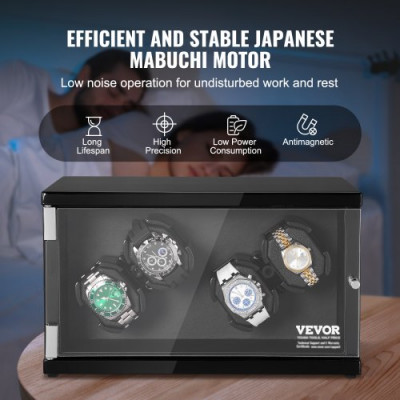 VEVOR Caja enrolladora automática para relojes con capacidad para 4 relojes automáticos con 2 motores silenciosos japoneses Mabuchi 5 modos de cuerda en panel de alta densidad y LED acrílico azul