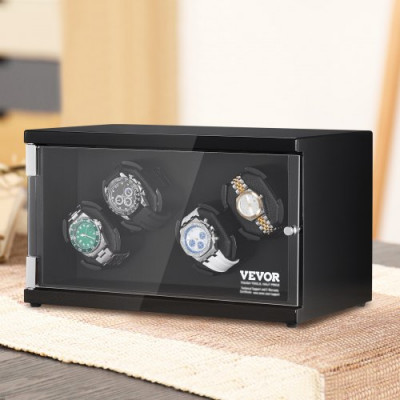 VEVOR Caja enrolladora automática para relojes con capacidad para 4 relojes automáticos con 2 motores silenciosos japoneses Mabuchi 5 modos de cuerda en panel de alta densidad y LED acrílico azul