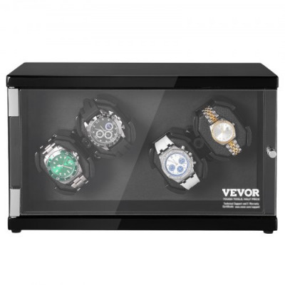 VEVOR Caja enrolladora automática para relojes con capacidad para 4 relojes automáticos con 2 motores silenciosos japoneses Mabuchi 5 modos de cuerda en panel de alta densidad y LED acrílico azul