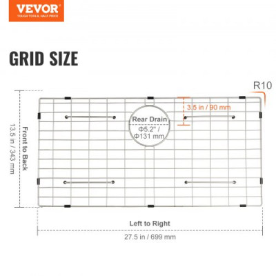 VEVOR Rejilla inferior del fregadero 69,9x34,3x3,2 cm Alfombrilla para fregadero de cocina de acero inoxidable 304 Desagüe trasero con radio de esquina R5 Accesorio para colocar cubiertos y platos