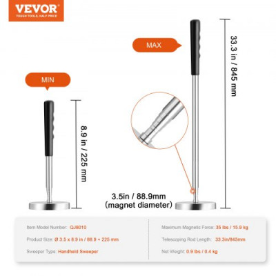 VEVOR Barredora Magnética Portátil Fuerza de 15,9 kg Escoba Magnética Telescópica 210-845 mm Herramienta Magnética Telescópica para Quitar Óxido de Objetos Metálicos Chatarra Taller Garaje