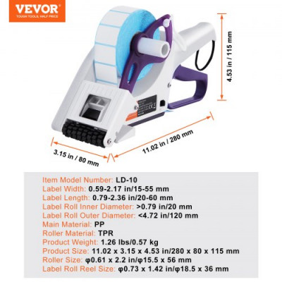 VEVOR Etiquetadora Manual, Etiquetadora de Etiquetas de Mano, Ancho/Longitud de Etiqueta 15 a 55 mm/20 a 60 mm Rollo de Etiquetas Rollo TPR para Etiquetar Botellas Redondas, Cajas, Frutas