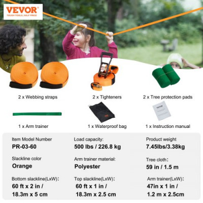 VEVOR Correa de Equilibrio de 60 pies Carga 500 libras Juego Completo con Protector de Árbol Entrenador de Brazo Curso de Equilibrio de Fácil Configuración para Niños Adultos Principiantes y Avanzados