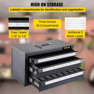 Caja de Herramientas para Brocas 1/16"-1/2" Caja Vacía para Grifos 3 Cajones 29 Compartimentos Etiquetados Organizador de Brocas 37,5x20x20 cm Fácil Identificación Espacio Apilable para Talleres