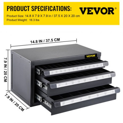 Caja de Herramientas para Brocas 1/16"-1/2" Caja Vacía para Grifos 3 Cajones 29 Compartimentos Etiquetados Organizador de Brocas 37,5x20x20 cm Fácil Identificación Espacio Apilable para Talleres