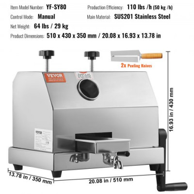 VEVOR Extractor de Caña de Azúcar Manual Exprimidor de Caña de Azúcar 50 kg/h Acero Inoxidable con 3 Rodillos Exprimidor de Cítricos de Entrada Grande para Extracción de Zumo Domésticas y Comerciales