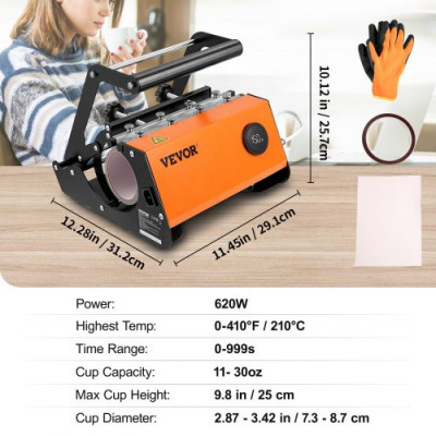 Prensa Térmica de Calor para Tazas Prensa para Tazas 620W Máquina de Impresión de Transferencia 29,1 × 31,2 × 25,7 cm Máquina de Sublimación