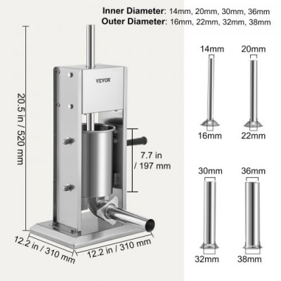 Embutidora Manual de Salchichas Capacidad de 3L Embutidora Vertical de Mesa de Acero Inoxidable con 4 Tubos de Relleno para Churros Salchicha de 15mm/21mm/30mm/37mm para Restaurante Supermercado