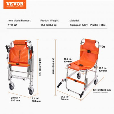 VEVOR Silla de Evacuación de Escalera Silla de Transferencia de Ambulancia 158kg 2 Ruedas