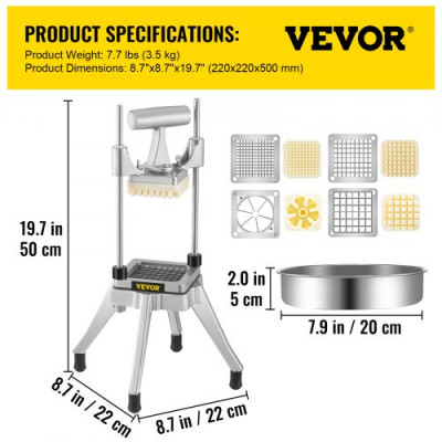 Cortador Comercial de Frutas Vegetales con 4 Cuchillas de Acero Inoxidable 1/2" 3/8" 1/4" 6 Rebanadas Astilladora de Patatas Comercial Aleación de Aluminio Cortadora de Patatas Fritas Picadoras