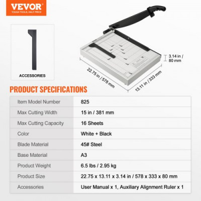 VEVOR Cortadora de Papel A3 Máximo 16 Hojas a la Vez Guillotina de Papel Ancho de Corte de 38,1 cm Cizalla Cortadora con Dispositivo de Seguridad Corte Preciso para Oficina, Imprenta, Estudio Escolar
