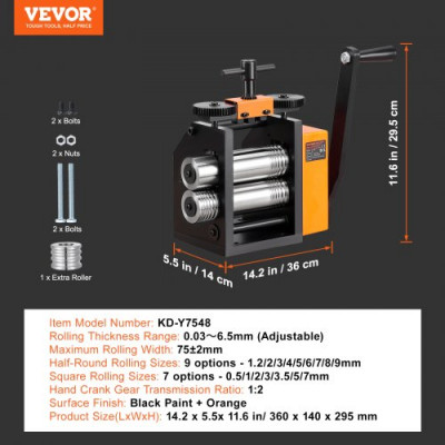 VEVOR Laminador de Joyería Ancho 75 mm Máquina Laminadora de Joyería Espesor 0,03-6,5 mm Relación de Engranaje Ajustable 1:2 para Procesamiento de Joyería Taller de Pulsera de Anillo de Plata Dorada