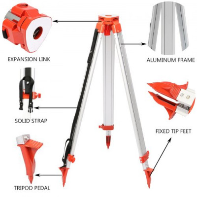 VEVOR 1,65 m Kit de Trípode y Bastón para Niveles Automáticos,Trípode de Aluminio, 5 m Trípode de Nivel Plegable para Herramienta Automática de Medida, Niveles Automáticas, Láseres de Construcción