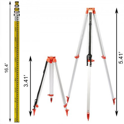 VEVOR 1,65 m Kit de Trípode y Bastón para Niveles Automáticos,Trípode de Aluminio, 5 m Trípode de Nivel Plegable para Herramienta Automática de Medida, Niveles Automáticas, Láseres de Construcción