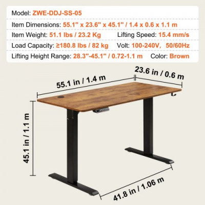 VEVOR Escritorio de Pie de Altura Ajustable 0,72-1,1 m Mesa Elevable Escritorio de 1,4 x 0,6 m Escritorio Eléctrico de Pie Elevación de 15,4 mm/s Estructura Metálica Carga de 82 kg para Hogar Oficina