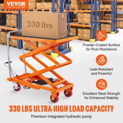 VEVOR Mesa Elevadora Hidráulica Carro Capacidad de Carga 150 kg Elevador Manual de Doble Tijera Altura de Elevación 1270 mm 4 Ruedas Cojín Antideslizante para Manipulación Transporte, Naranja