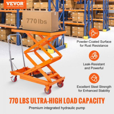 VEVOR Mesa Elevadora Hidráulica Carro Capacidad de Carga 350 kg Elevador Manual de Doble Tijera Altura de Elevación 1530 mm 4 Ruedas Cojín Antideslizante para Manipulación Transporte, Naranja