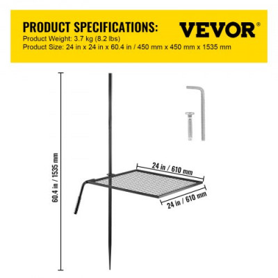 VEVOR Parrilla para Camping Parrilla Giratoria de Carbón 610x610 mm Alto de 153,5 cm para Fogatas, Parrilla de Acero, Parrilla de Carbón para Acampar al Aire Libre, Parrilla Rectangular para Barbacoa