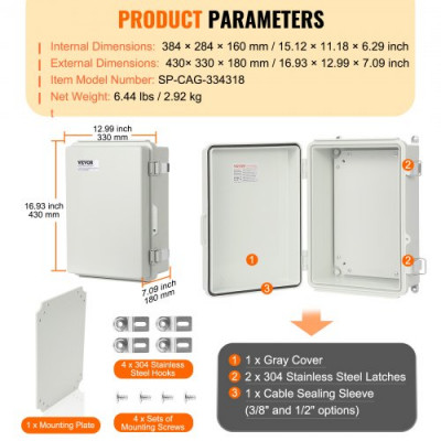 VEVOR Caja de conexiones eléctricas cubierta con bisagras para caja eléctrica de plástico ABS 430x330x180 mm pestillo de acero inoxidable impermeable IP67 a prueba de polvo para proyectos eléctricos