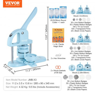 VEVOR Máquina de insignias 3 en 1 de 25/32/58 mm, prensa de insignias con 300 kits de consumibles y libro mágico Panda, máquina para fabricar insignias de alta resistencia, para hacer insignias