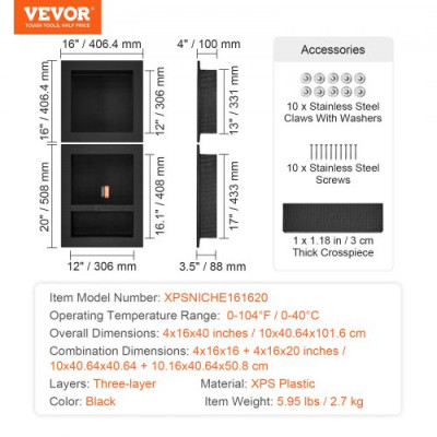 VEVOR Nicho Empotrable para Baño 40,64x40,64 cm/40,6x50,8 cm, Nicho de Ducha de Triple Pared Estante de Plástico XPS Esquinas Cuadradas Protección Sellada Moderna para Almacenamiento de jabón, Negro