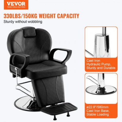 VEVOR Silla de Peluquería Inclinable 90°-130° Sillón de Peluquería Hidráulico Giratorio 360° 150 kg Altura Regulable 930-1060 mm Asiento de Peluquería para Salón Profesional, Champú, Belleza, Negro