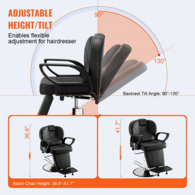 VEVOR Silla de Peluquería Inclinable 90°-130° Sillón de Peluquería Hidráulico Giratorio 360° 150 kg Altura Regulable 930-1060 mm Asiento de Peluquería para Salón Profesional, Champú, Belleza, Negro