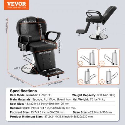 VEVOR Silla de Peluquería Inclinable 90°-130° Sillón de Peluquería Hidráulico Giratorio 360° 150 kg Altura Regulable 930-1060 mm Asiento de Peluquería para Salón Profesional, Champú, Belleza, Negro