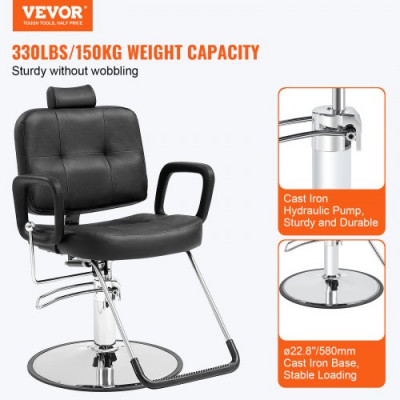 VEVOR Sillón de Peluquería Inclinable 90°-125° Sillón de Peluquería Hidráulico Giratorio 360° 150 kg Altura Regulable 1080-1230 mm Asiento de Peluquería para Salón Profesional, Champú, Belleza, Negro