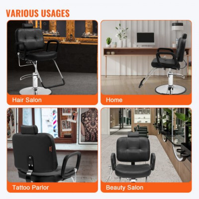 VEVOR Sillón de Peluquería Inclinable 90°-125° Sillón de Peluquería Hidráulico Giratorio 360° 150 kg Altura Regulable 1080-1230 mm Asiento de Peluquería para Salón Profesional, Champú, Belleza, Negro