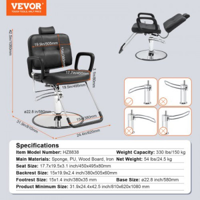 VEVOR Sillón de Peluquería Inclinable 90°-125° Sillón de Peluquería Hidráulico Giratorio 360° 150 kg Altura Regulable 1080-1230 mm Asiento de Peluquería para Salón Profesional, Champú, Belleza, Negro