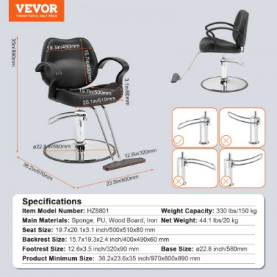 VEVOR Sillón de Peluquería Hidráulico Sillón de Peluquería Giratorio 360° Carga 150 kg Altura Regulable 890-1020 mm Asiento de Peluquería con Reposapiés para Salón Profesional, Champú, Belleza, Negro